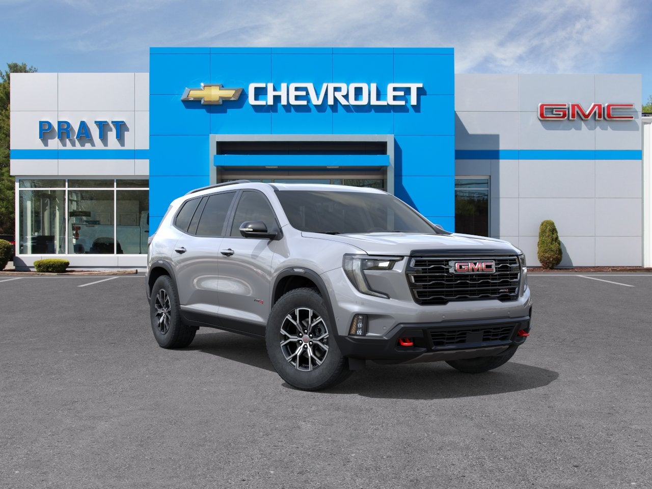 2026 GMC Acadia AT4 in Sterling Metallic — front three-quarter view